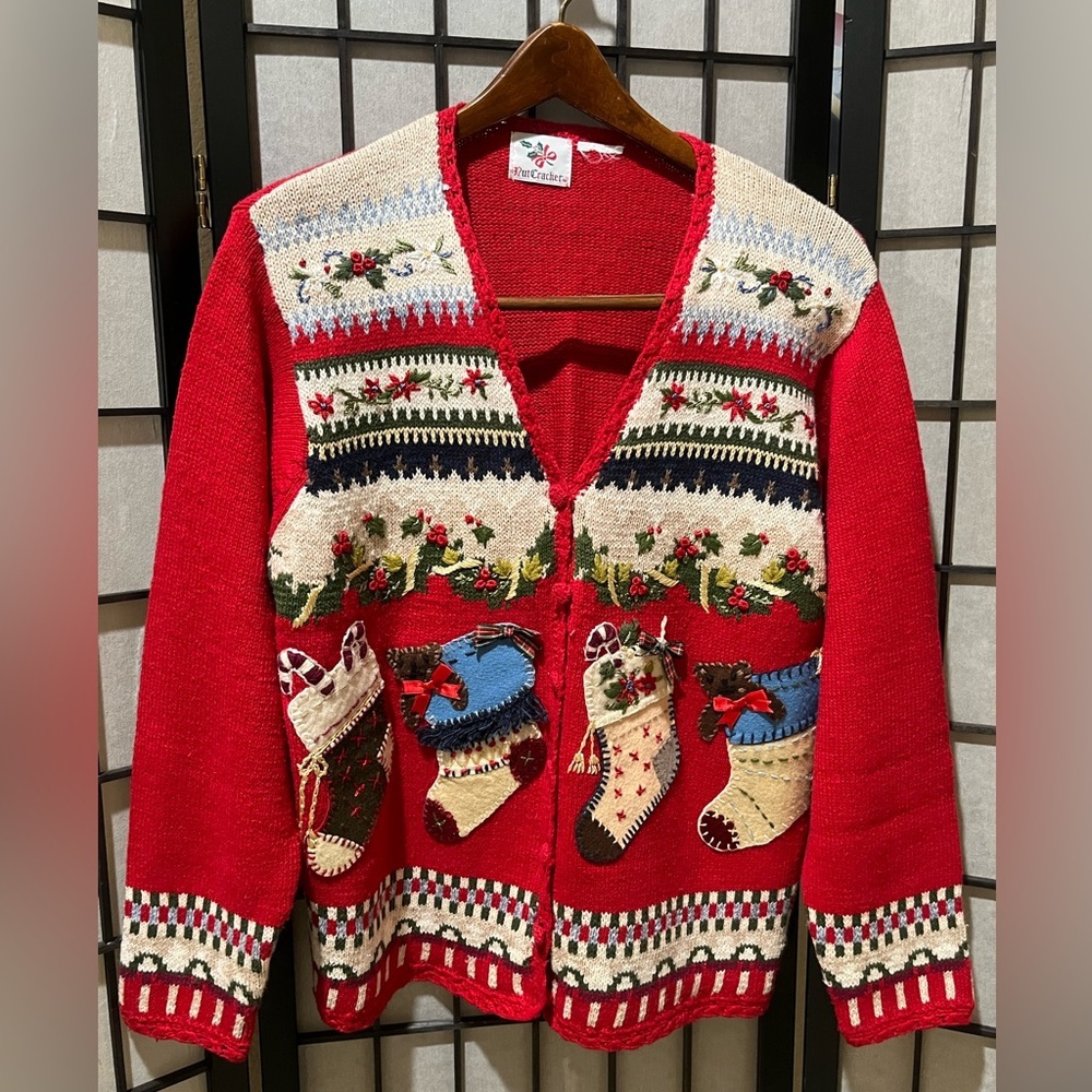 NUTCRACKER Vintage Embroidered Holiday Knit Cardigan - Red Ivory Navy WOMEN SZ M